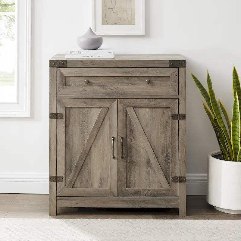Armoire de rangement avec tiroir et porte de grange rustique, finition gris délavé