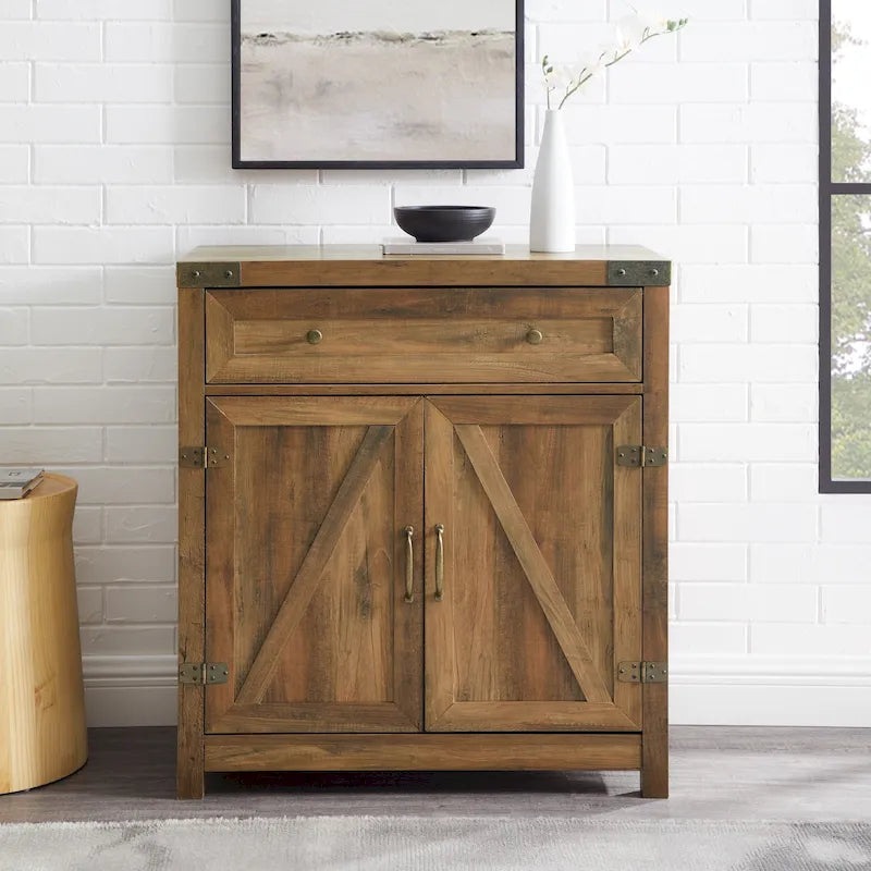 Armoire de rangement avec tiroir et porte de grange rustique, finition gris délavé