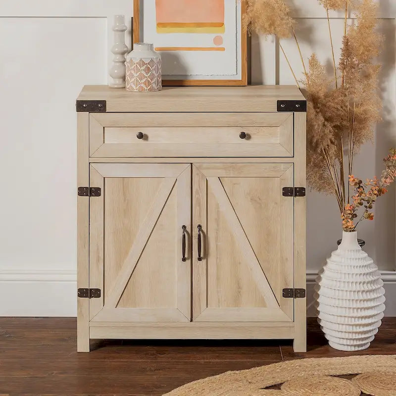 Armoire de rangement avec tiroir et porte de grange rustique, finition gris délavé