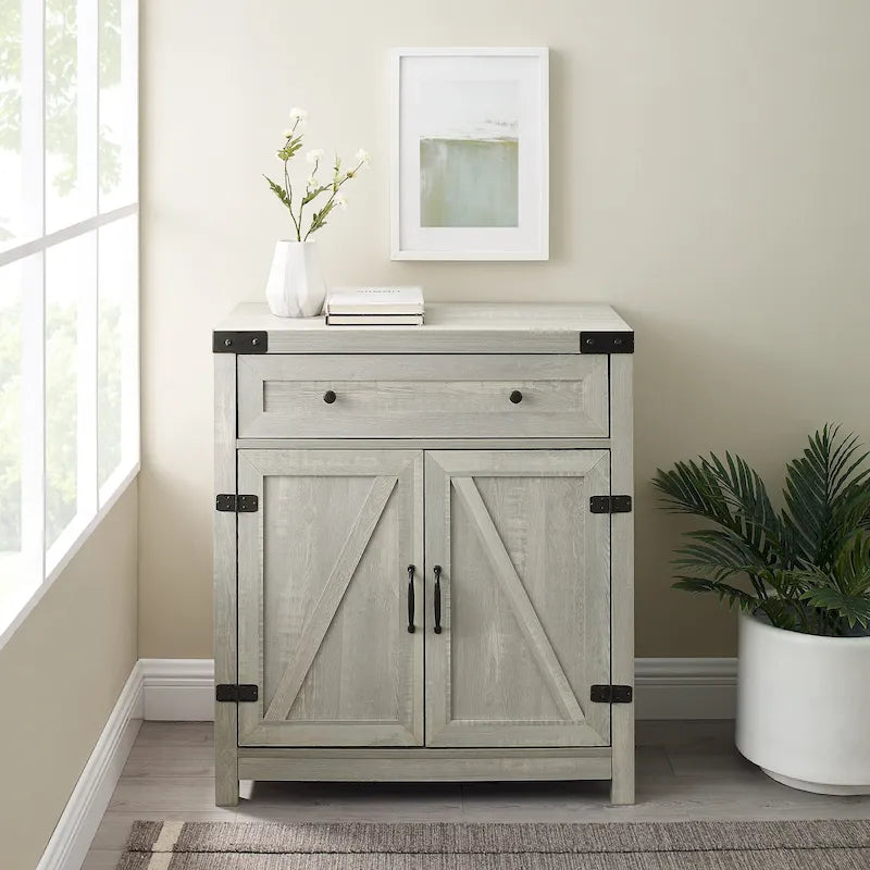 Armoire de rangement avec tiroir et porte de grange rustique, finition gris délavé