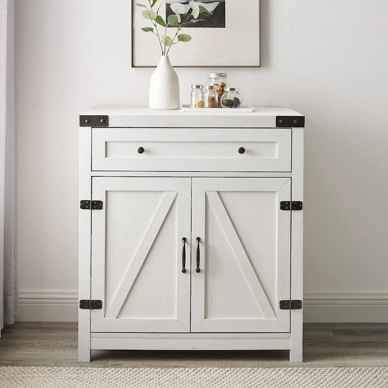Armoire de rangement avec tiroir et porte de grange rustique, finition gris délavé