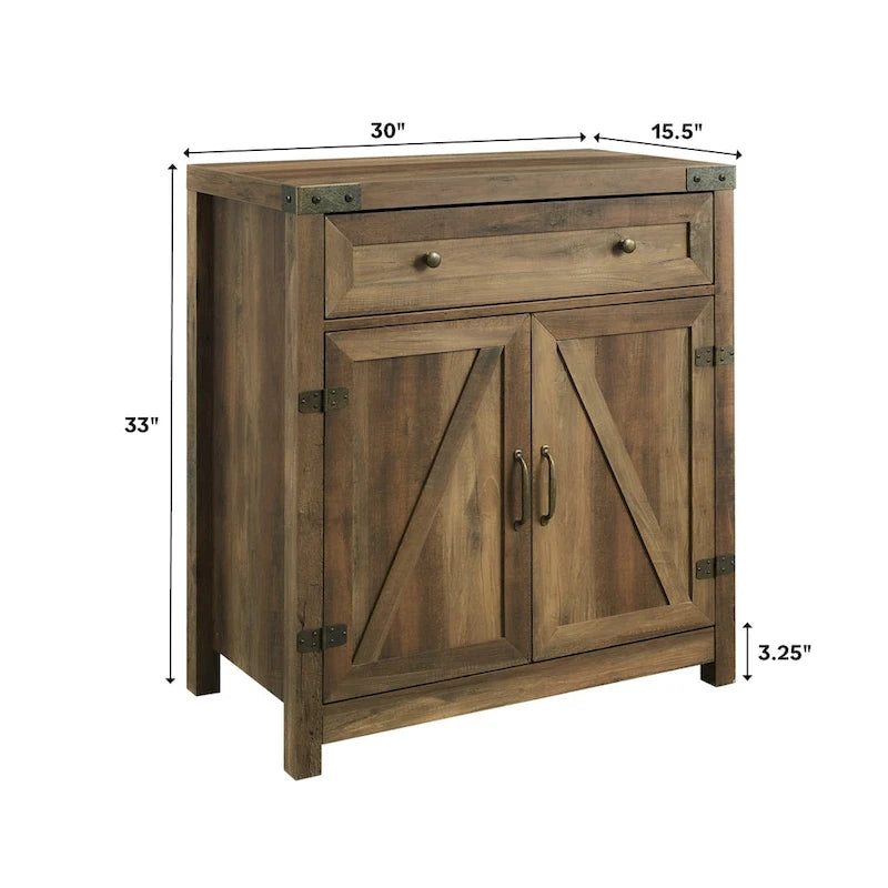 Armoire de rangement avec tiroir et porte de grange rustique, finition gris délavé