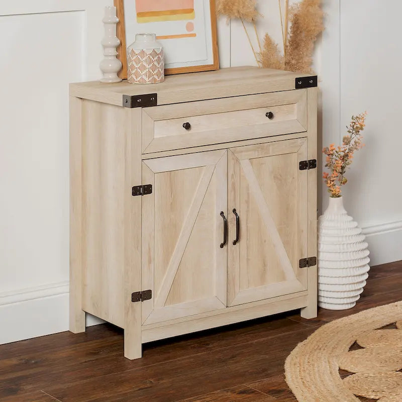 Armoire de rangement avec tiroir et porte de grange rustique, finition gris délavé