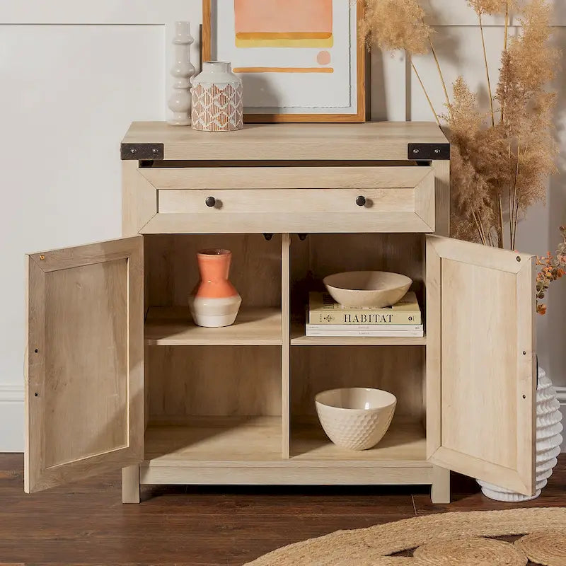 Armoire de rangement avec tiroir et porte de grange rustique, finition gris délavé