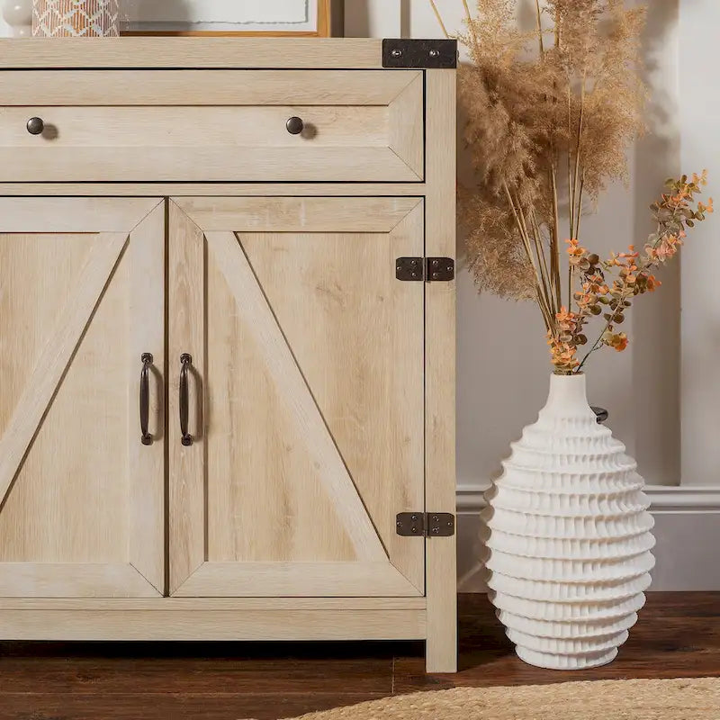 Armoire de rangement avec tiroir et porte de grange rustique, finition gris délavé