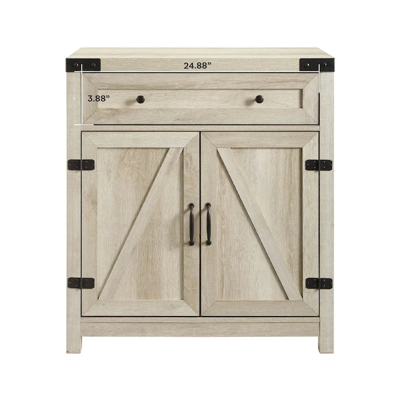 Armoire de rangement avec tiroir et porte de grange rustique, finition gris délavé