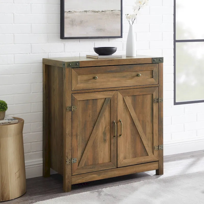 Armoire de rangement avec tiroir et porte de grange rustique, finition gris délavé