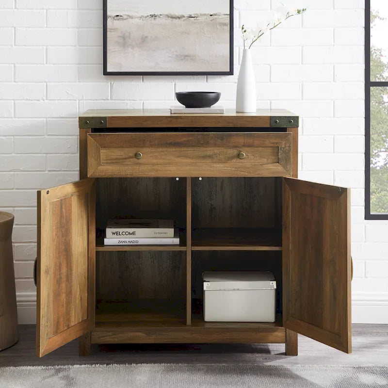 Armoire de rangement avec tiroir et porte de grange rustique, finition gris délavé