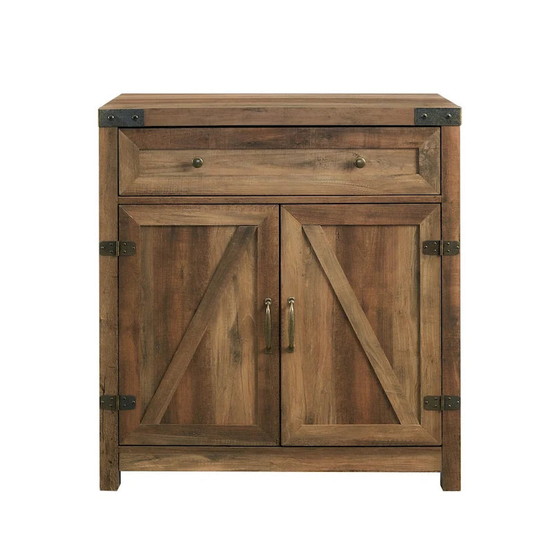 Armoire de rangement avec tiroir et porte de grange rustique, finition gris délavé