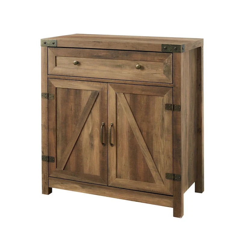 Armoire de rangement avec tiroir et porte de grange rustique, finition gris délavé