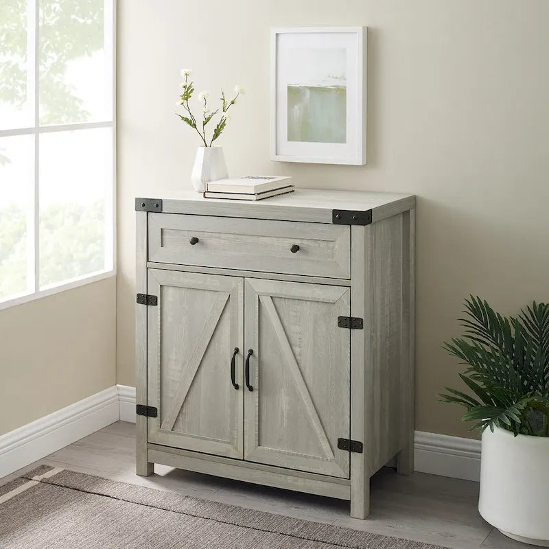 Armoire de rangement avec tiroir et porte de grange rustique, finition gris délavé