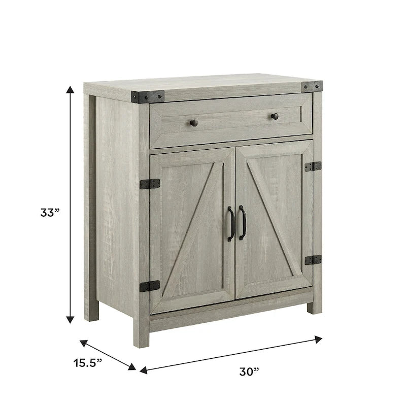 Armoire de rangement avec tiroir et porte de grange rustique, finition gris délavé