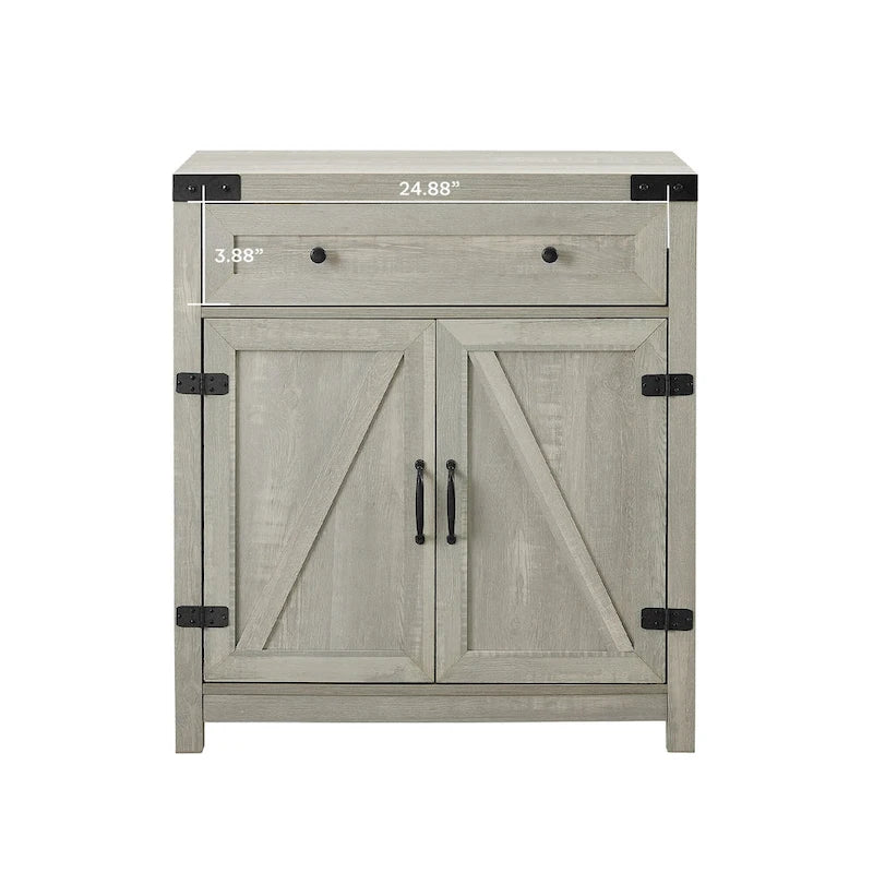Armoire de rangement avec tiroir et porte de grange rustique, finition gris délavé