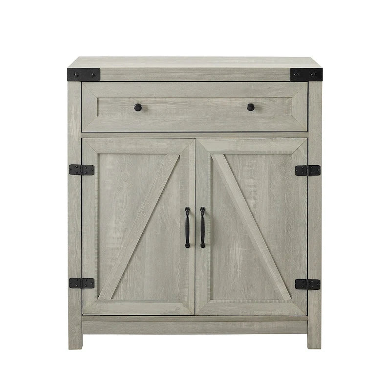 Armoire de rangement avec tiroir et porte de grange rustique, finition gris délavé