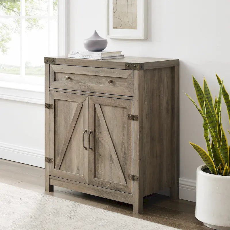 Armoire de rangement avec tiroir et porte de grange rustique, finition gris délavé