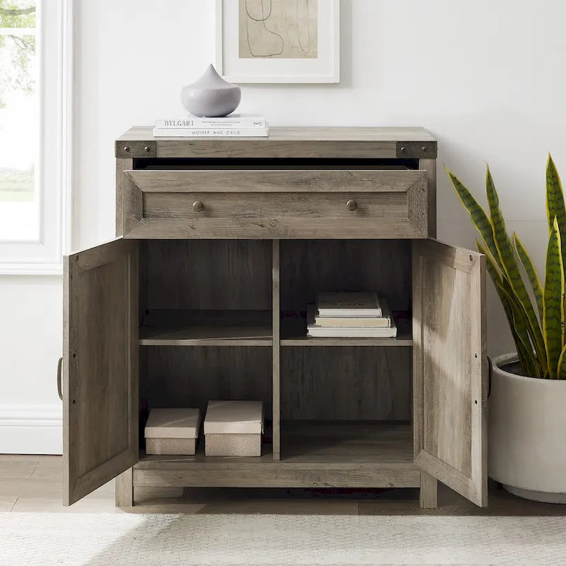 Armoire de rangement avec tiroir et porte de grange rustique, finition gris délavé