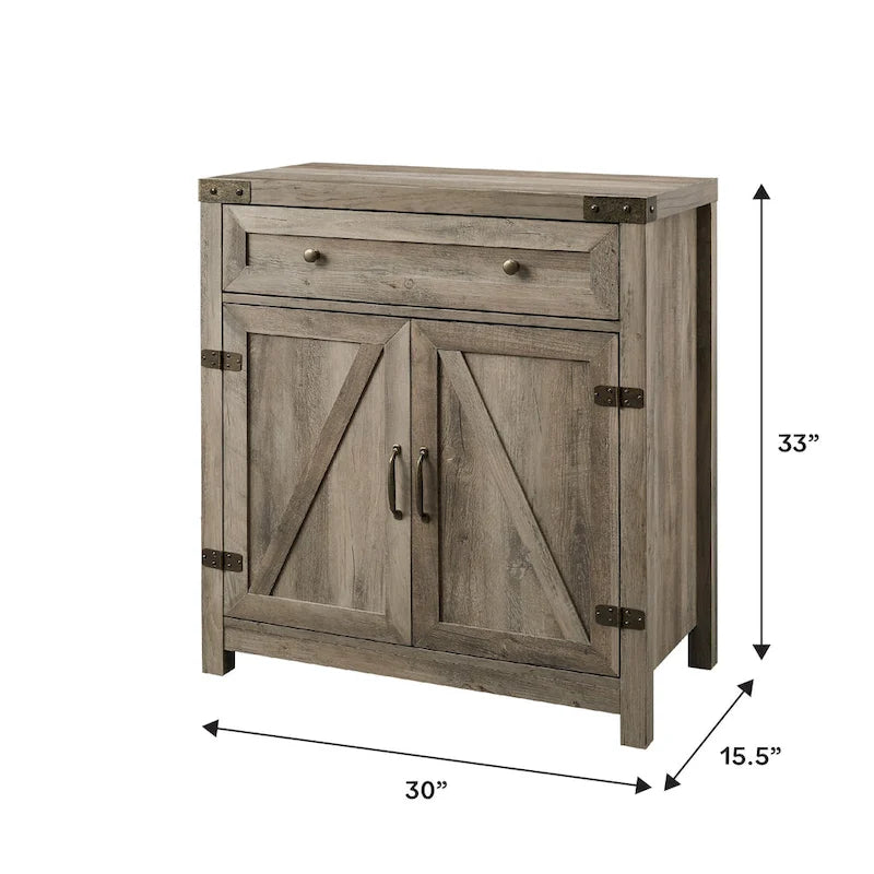 Armoire de rangement avec tiroir et porte de grange rustique, finition gris délavé