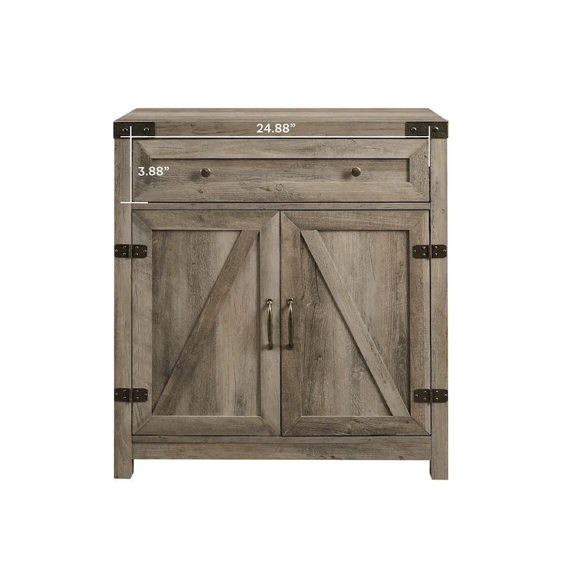 Armoire de rangement avec tiroir et porte de grange rustique, finition gris délavé