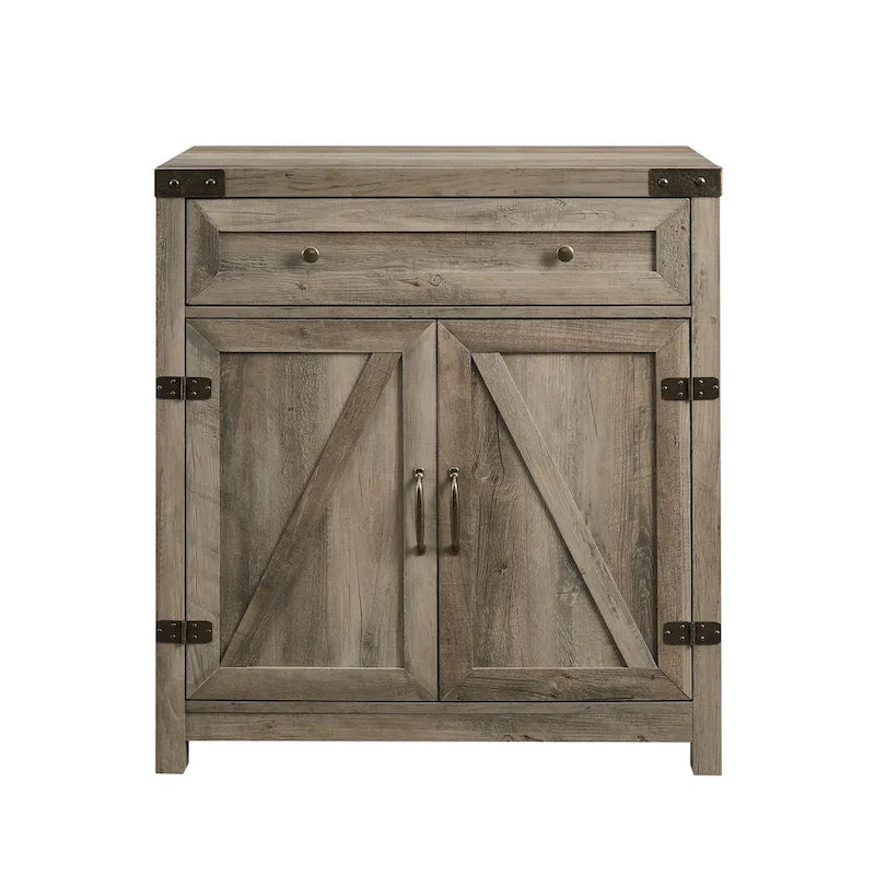 Armoire de rangement avec tiroir et porte de grange rustique, finition gris délavé