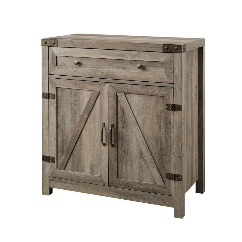 Armoire de rangement avec tiroir et porte de grange rustique, finition gris délavé