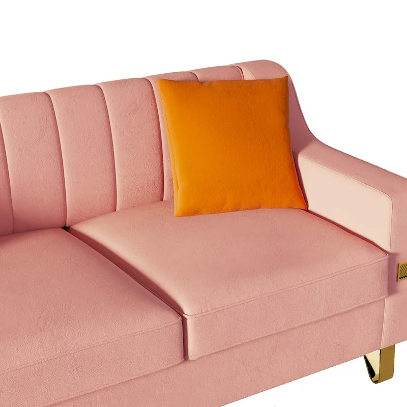 Canapé 3 places en velours rose avec pieds en métal doré et coussins moelleux