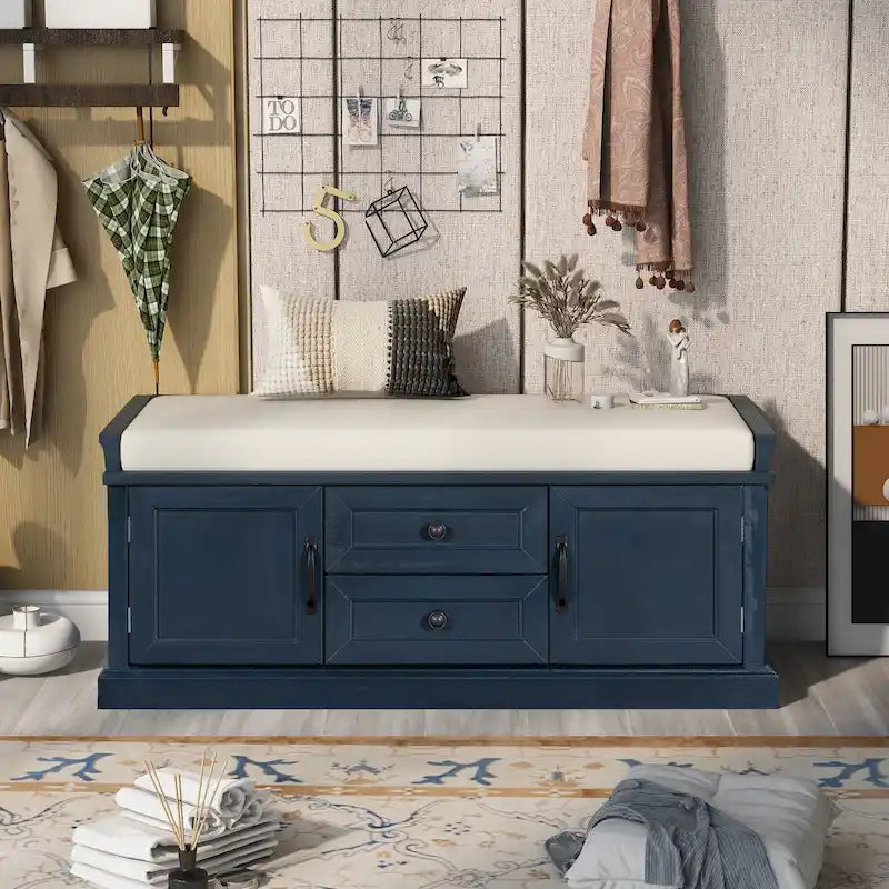 Banc de rangement capitonné avec tiroirs, portes d'armoire et poignées vintage, gris