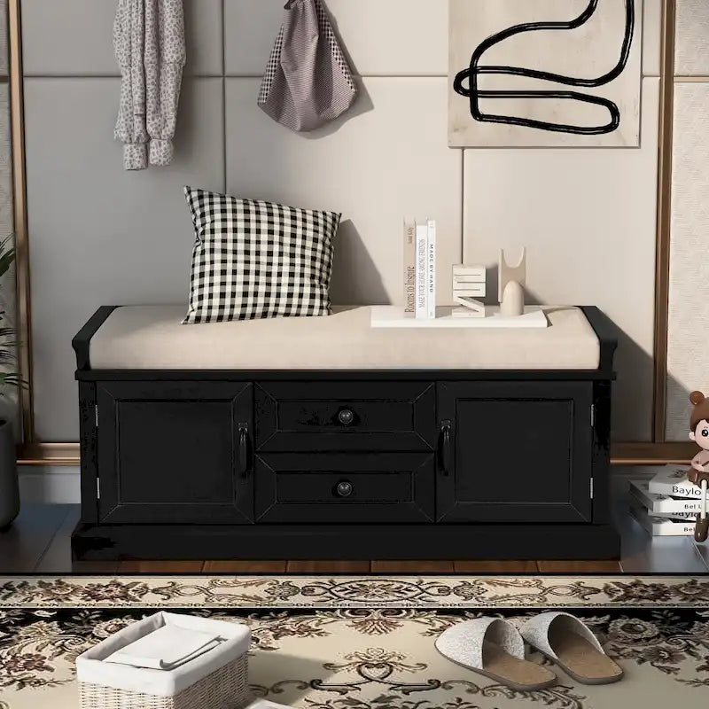 Banc de rangement capitonné avec tiroirs, portes d'armoire et poignées vintage, gris