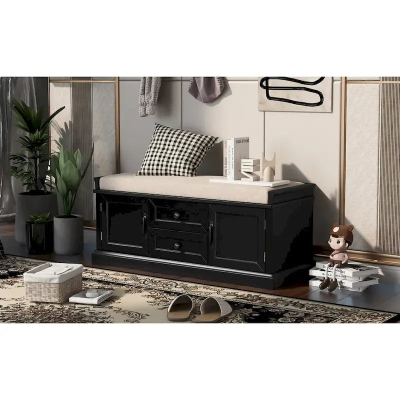 Banc de rangement capitonné avec tiroirs, portes d'armoire et poignées vintage, gris