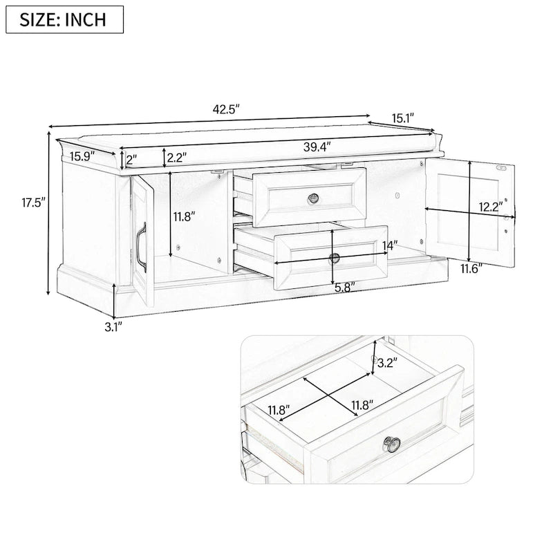 Banc de rangement capitonné avec tiroirs, portes d'armoire et poignées vintage, gris