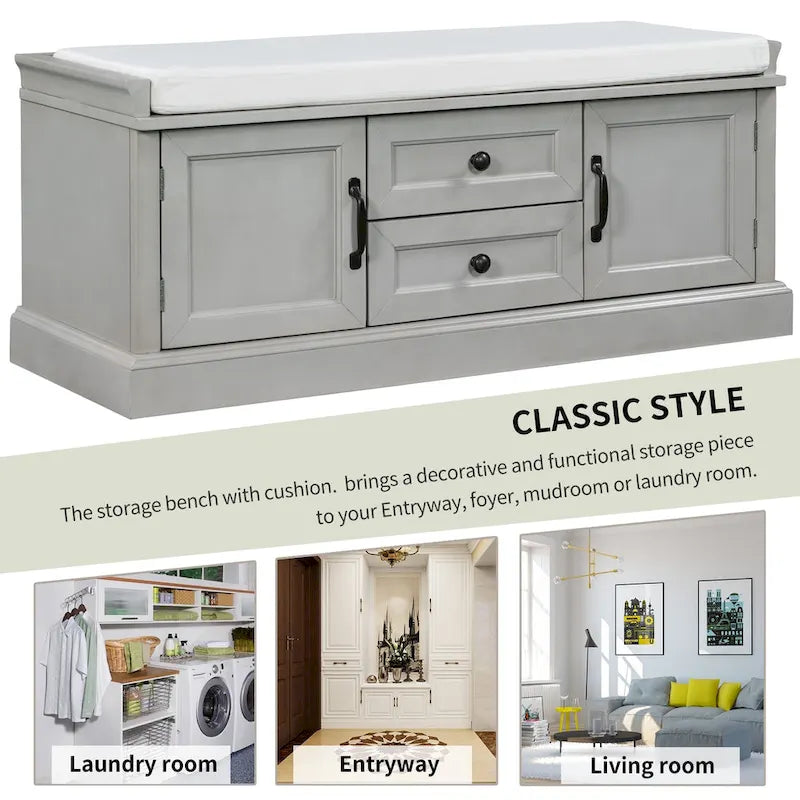 Banc de rangement capitonné avec tiroirs, portes d'armoire et poignées vintage, gris