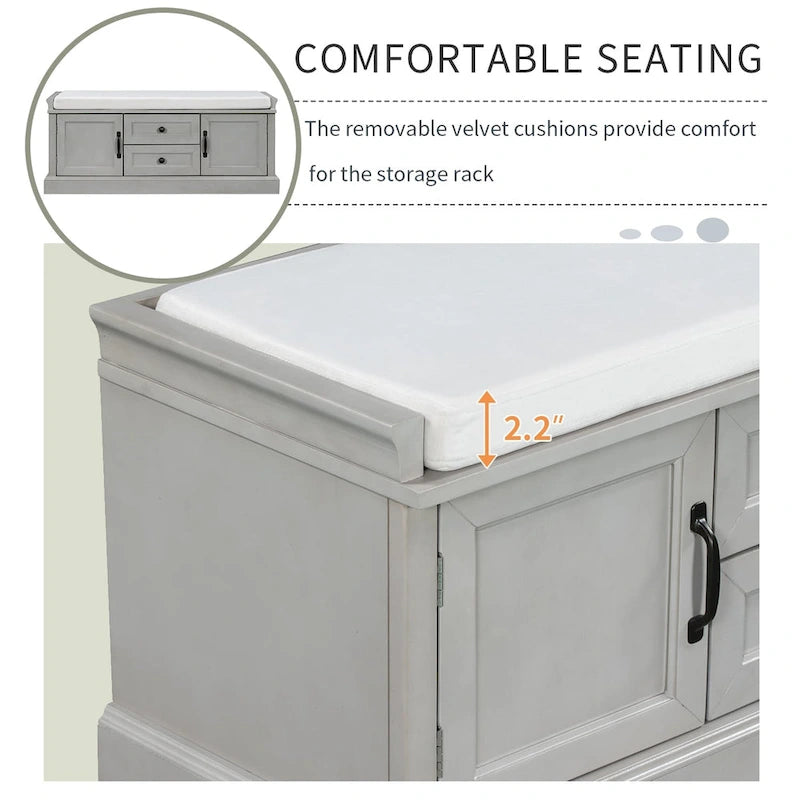 Banc de rangement capitonné avec tiroirs, portes d'armoire et poignées vintage, gris