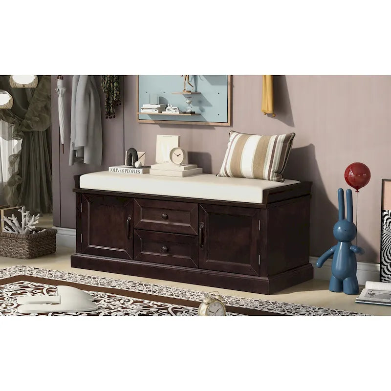 Banc de rangement capitonné avec tiroirs, portes d'armoire et poignées vintage, gris