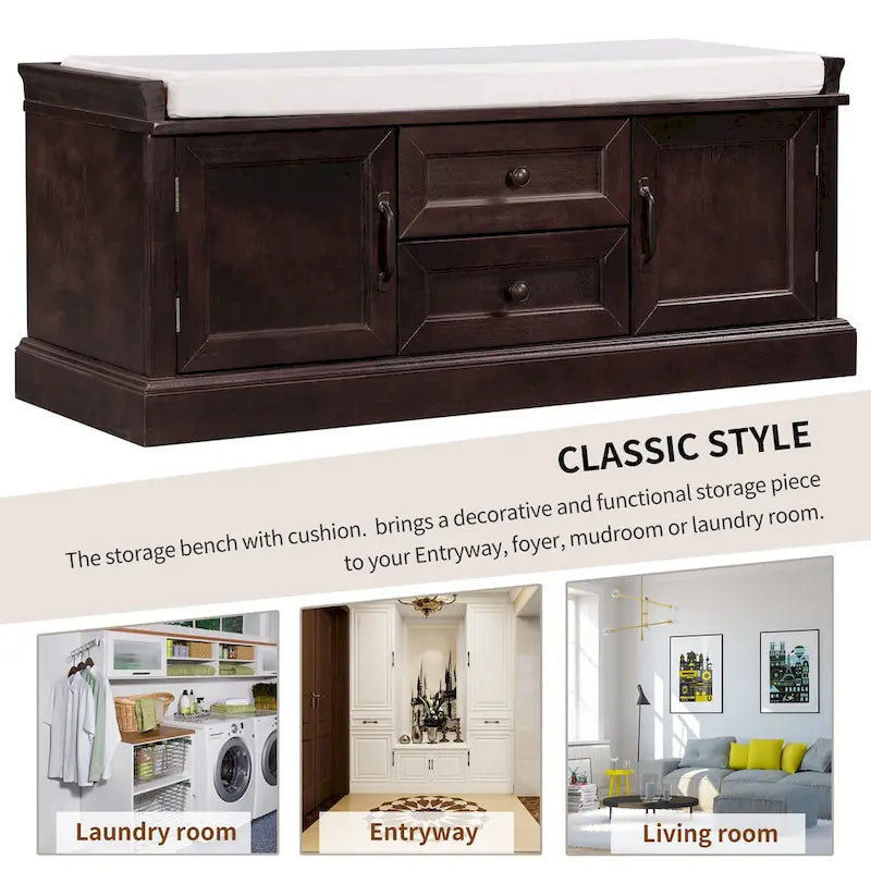 Banc de rangement capitonné avec tiroirs, portes d'armoire et poignées vintage, gris