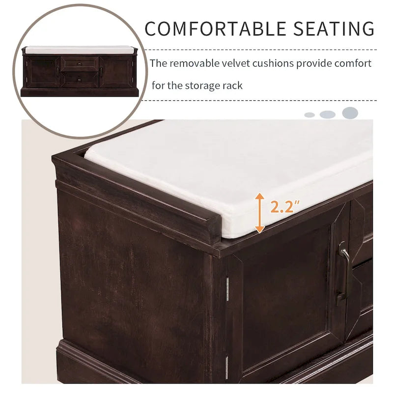 Banc de rangement capitonné avec tiroirs, portes d'armoire et poignées vintage, gris