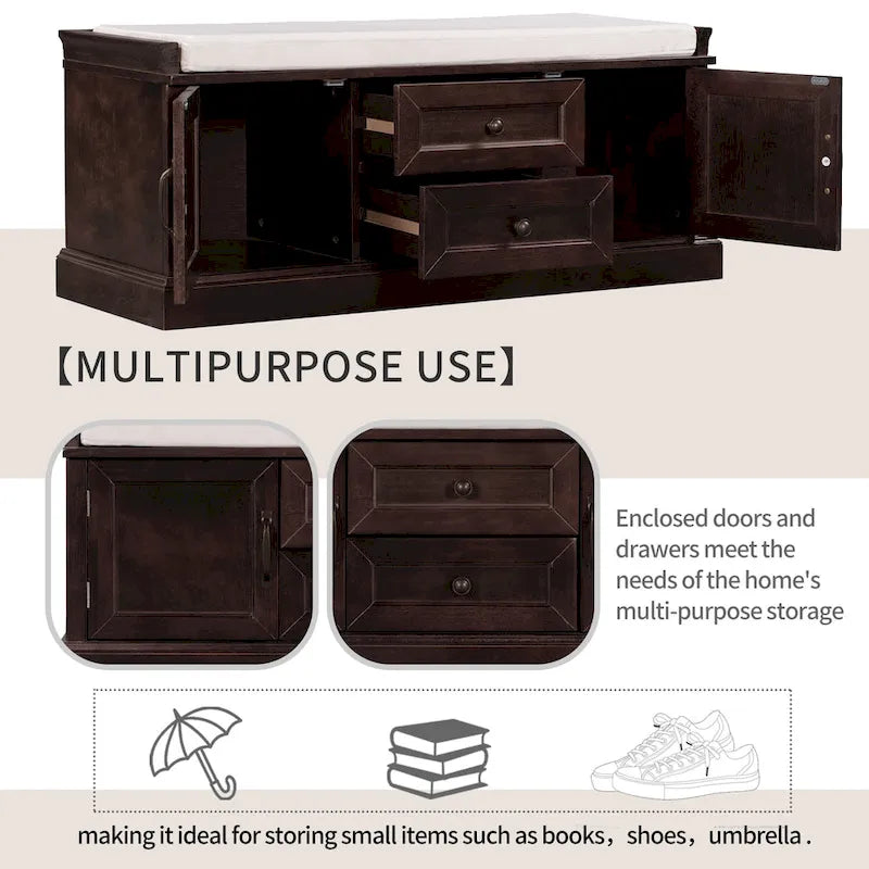 Banc de rangement capitonné avec tiroirs, portes d'armoire et poignées vintage, gris