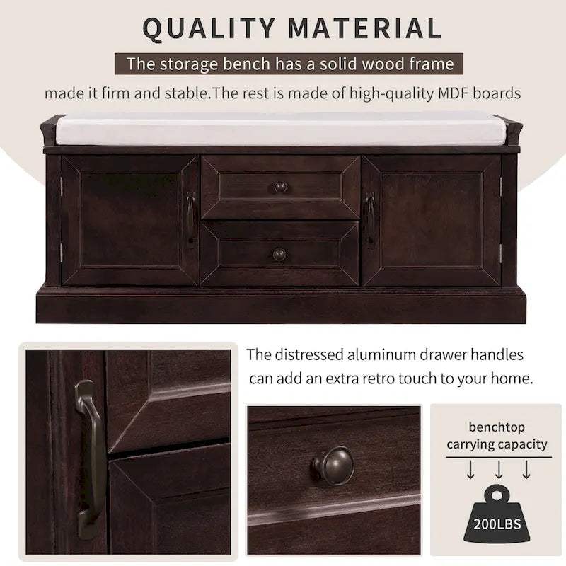 Banc de rangement capitonné avec tiroirs, portes d'armoire et poignées vintage, gris