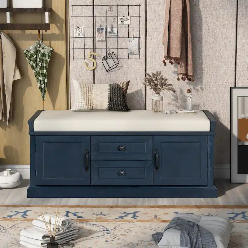 Banc de rangement capitonné avec tiroirs, portes d'armoire et poignées vintage, gris