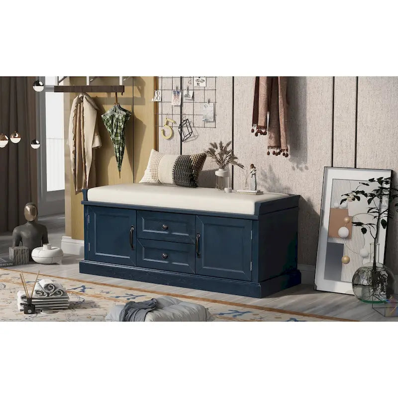 Banc de rangement capitonné avec tiroirs, portes d'armoire et poignées vintage, gris