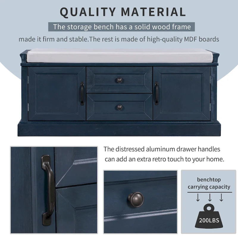 Banc de rangement capitonné avec tiroirs, portes d'armoire et poignées vintage, gris