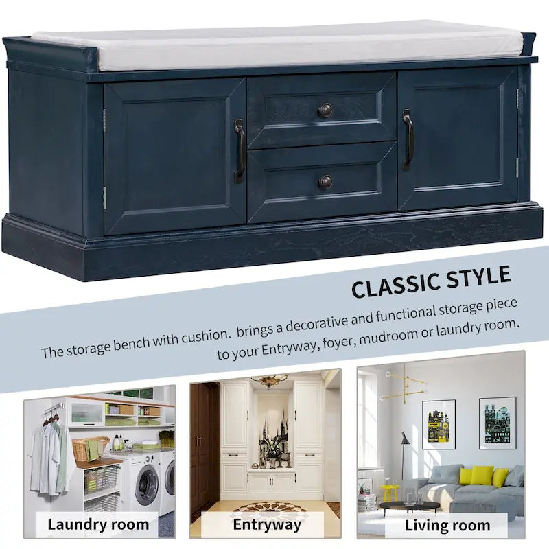 Banc de rangement capitonné avec tiroirs, portes d'armoire et poignées vintage, gris