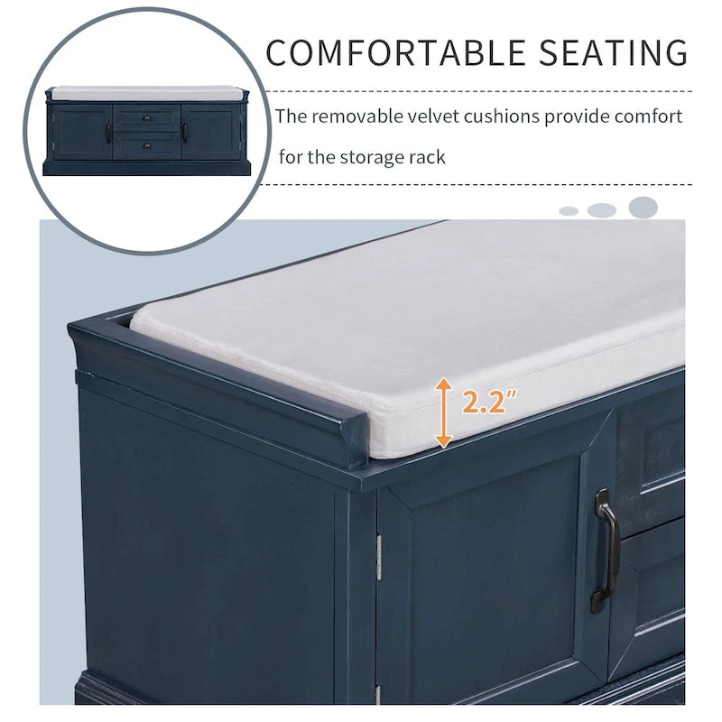 Banc de rangement capitonné avec tiroirs, portes d'armoire et poignées vintage, gris