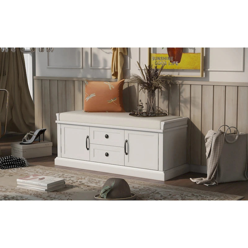 Banc de rangement capitonné avec tiroirs, portes d'armoire et poignées vintage, gris