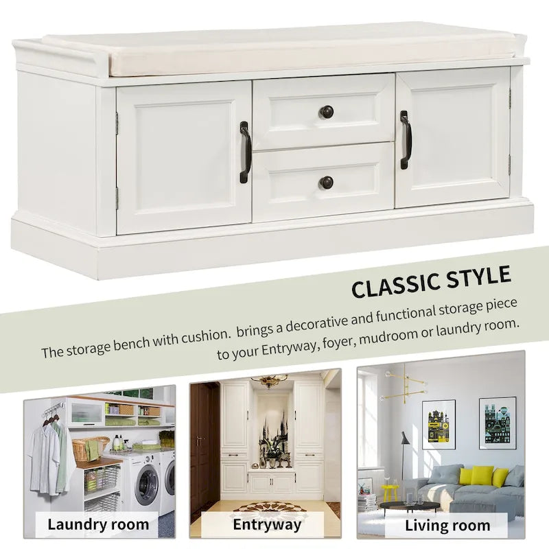 Banc de rangement capitonné avec tiroirs, portes d'armoire et poignées vintage, gris