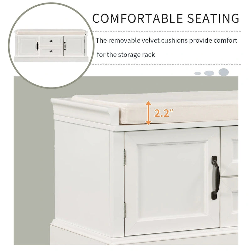 Banc de rangement capitonné avec tiroirs, portes d'armoire et poignées vintage, gris
