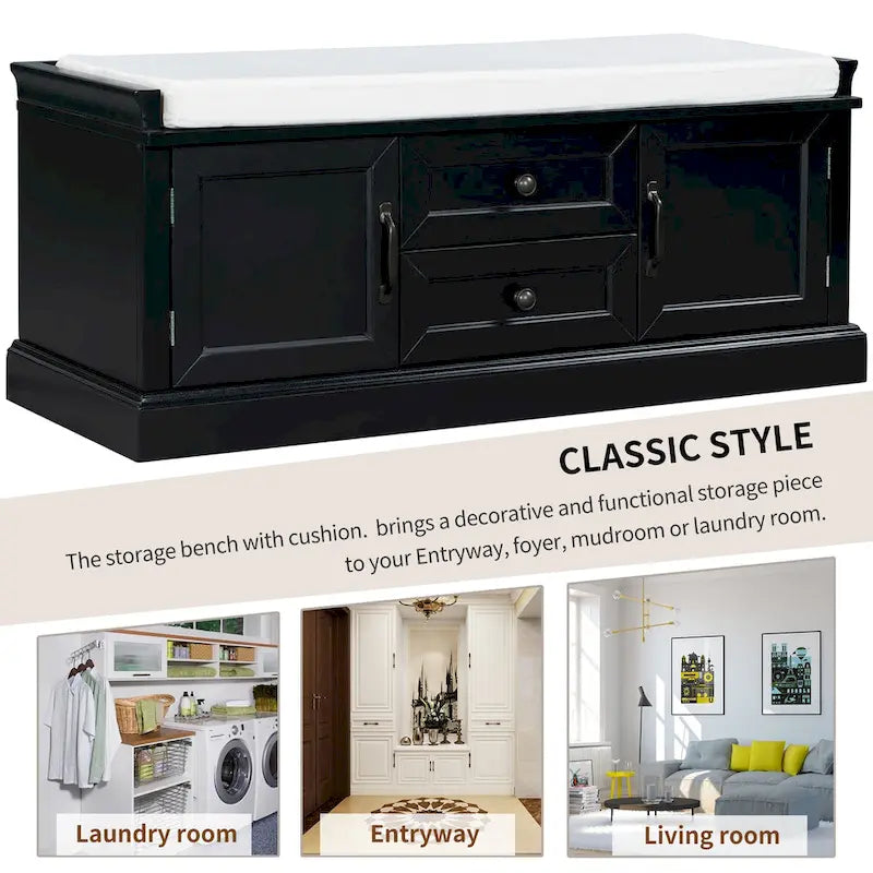 Banc de rangement capitonné avec tiroirs, portes d'armoire et poignées vintage, gris