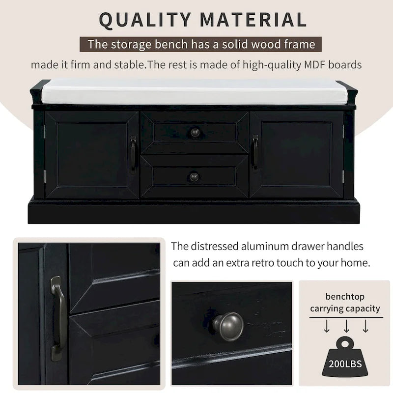 Banc de rangement capitonné avec tiroirs, portes d'armoire et poignées vintage, gris