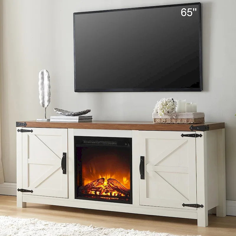 Meuble TV Rustique en Bois de Grange avec Insert de Cheminée Électrique, Blanc Antique