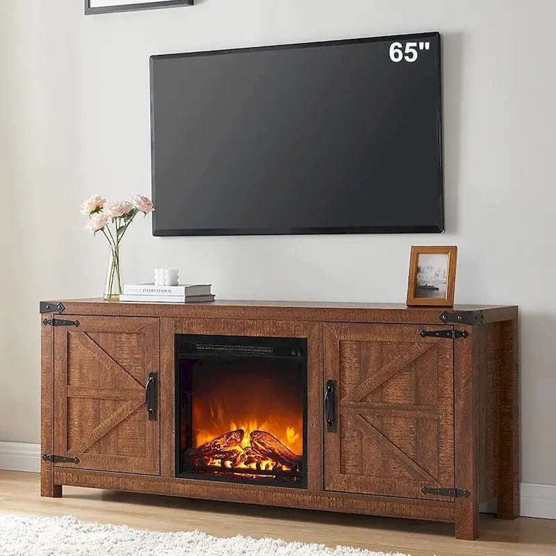 Meuble TV Rustique en Bois de Grange avec Insert de Cheminée Électrique, Blanc Antique