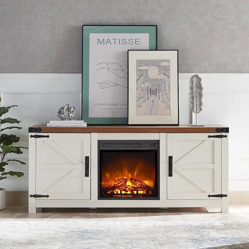 Meuble TV Rustique en Bois de Grange avec Insert de Cheminée Électrique, Blanc Antique