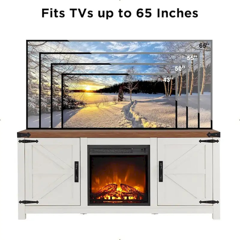 Meuble TV Rustique en Bois de Grange avec Insert de Cheminée Électrique, Blanc Antique